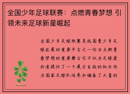 全国少年足球联赛：点燃青春梦想 引领未来足球新星崛起