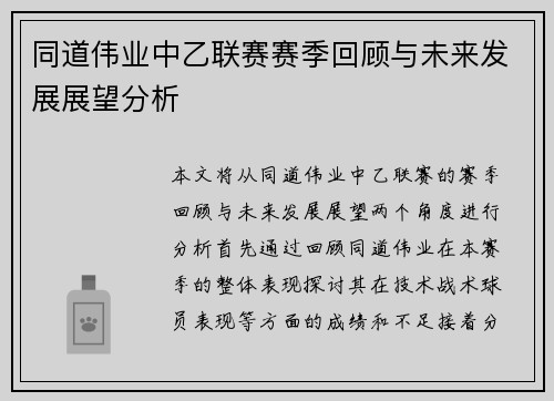 同道伟业中乙联赛赛季回顾与未来发展展望分析