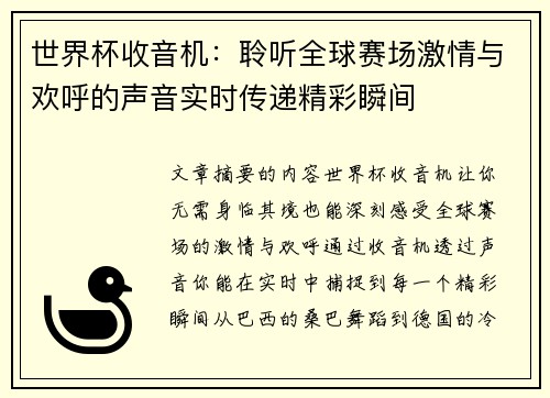 世界杯收音机：聆听全球赛场激情与欢呼的声音实时传递精彩瞬间